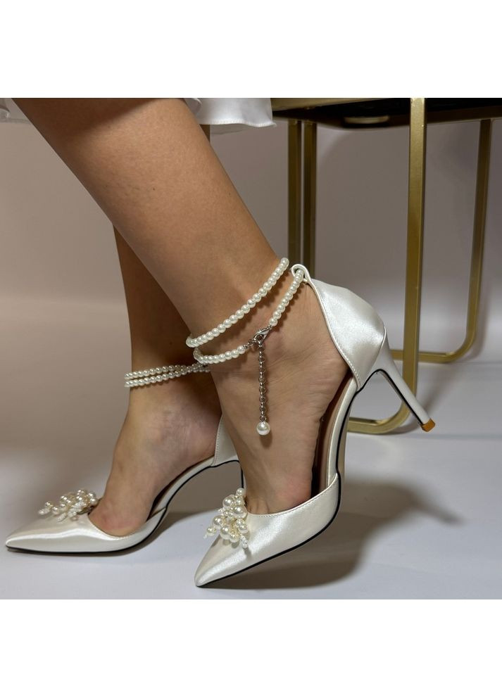 No Brand Жіночі туфлі весільні атласні та ремінцем перли та брошкою 5,5 см білий з текстиль, — (351394303)