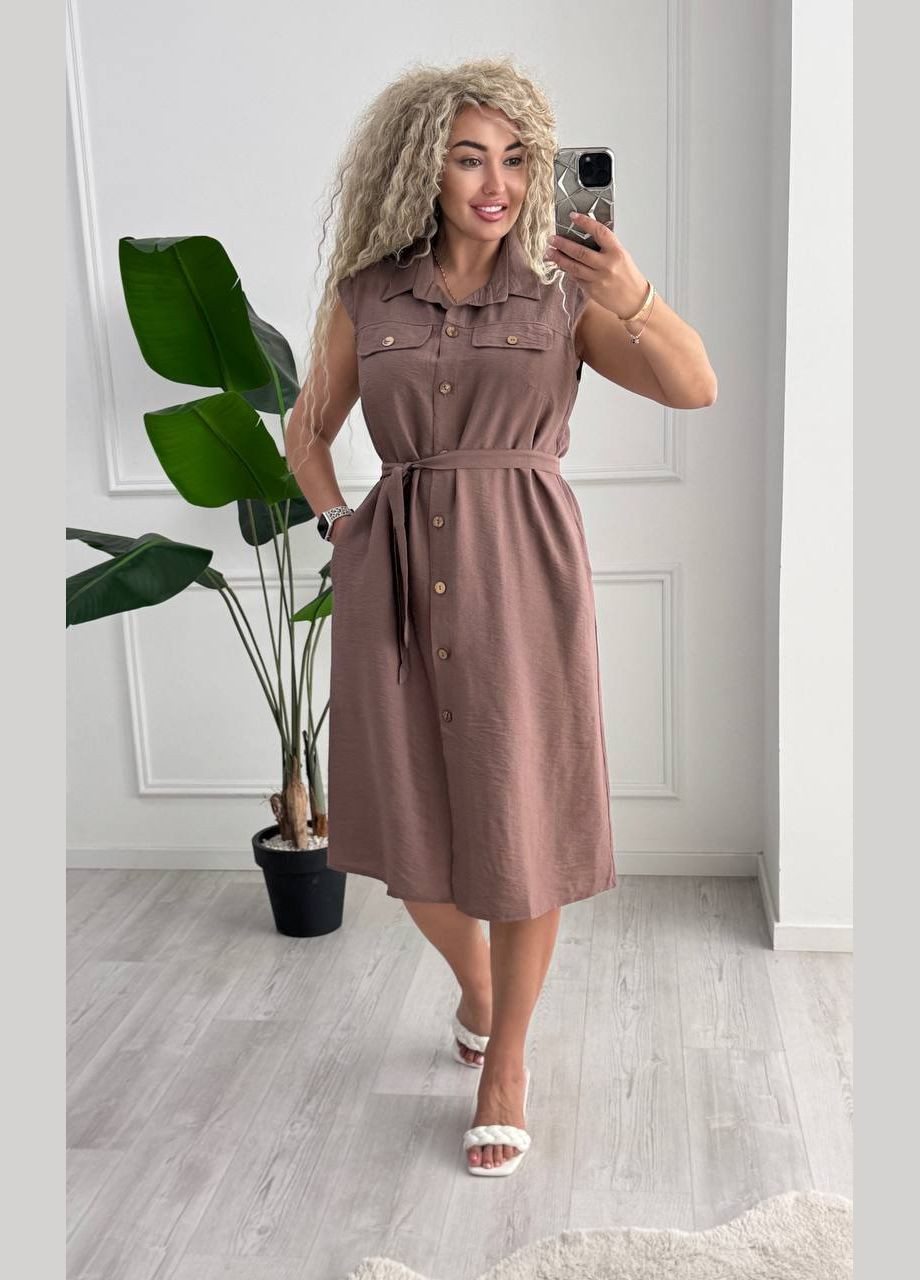 Кавова повсякденний, кежуал жіноча сукня на ґудзиках із поясом Style Point однотонна