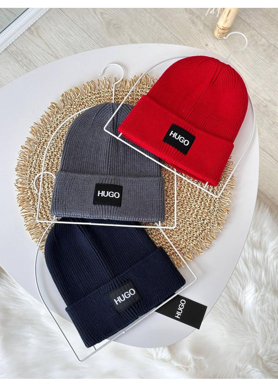 Зимняя шапка вязаная унисекс с логотипом. Модная вязаная шапка HUGO как для мужчин, так и для женщин No Brand (362918162)