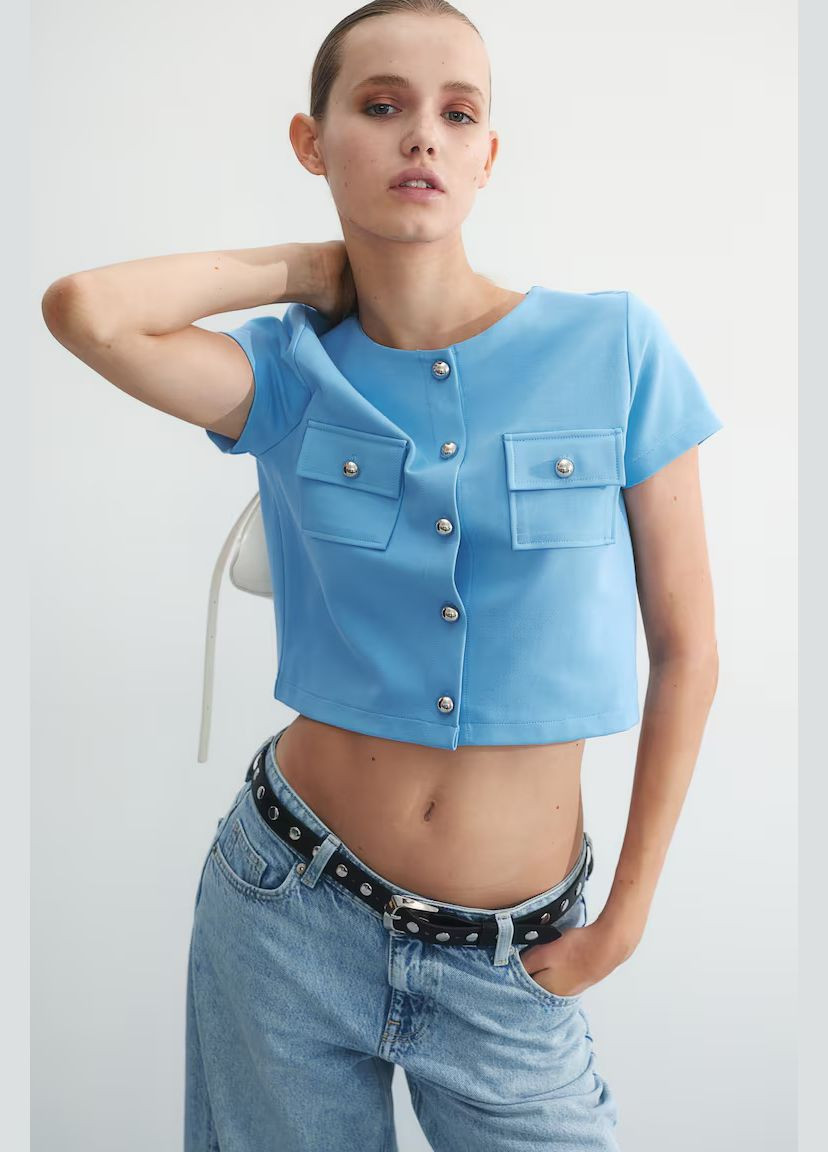 Блакитна короткий жіночий блакитнийтоп із вафельного трикотажу - s H&M