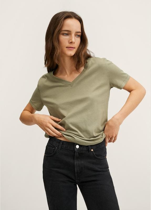 Стильна повсякденна футболка бавовняна хакі вільного крою Mango - (327419435)