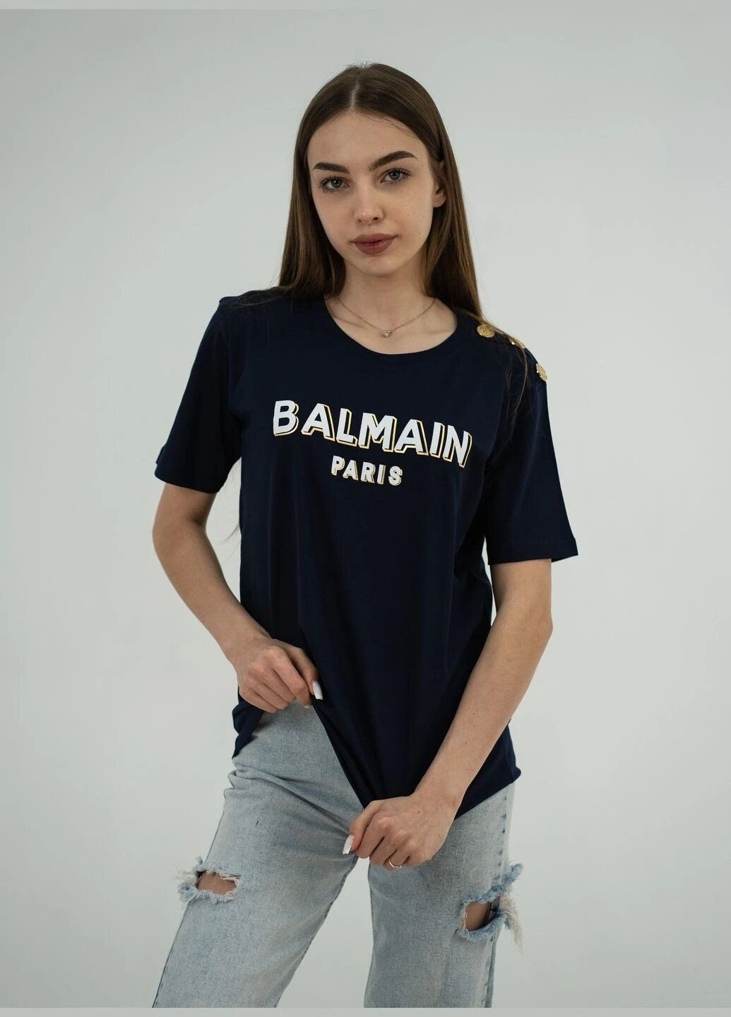 Темно-синя літня футболка жіноча з коротким рукавом Balmain