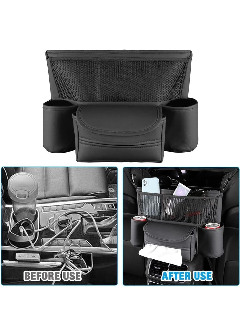 Органайзер накидка поличка з бортиками кишенями між сидінь в салон машини автомобіля екошкіра (476993-Prob) Чорний Unbranded (293242095)