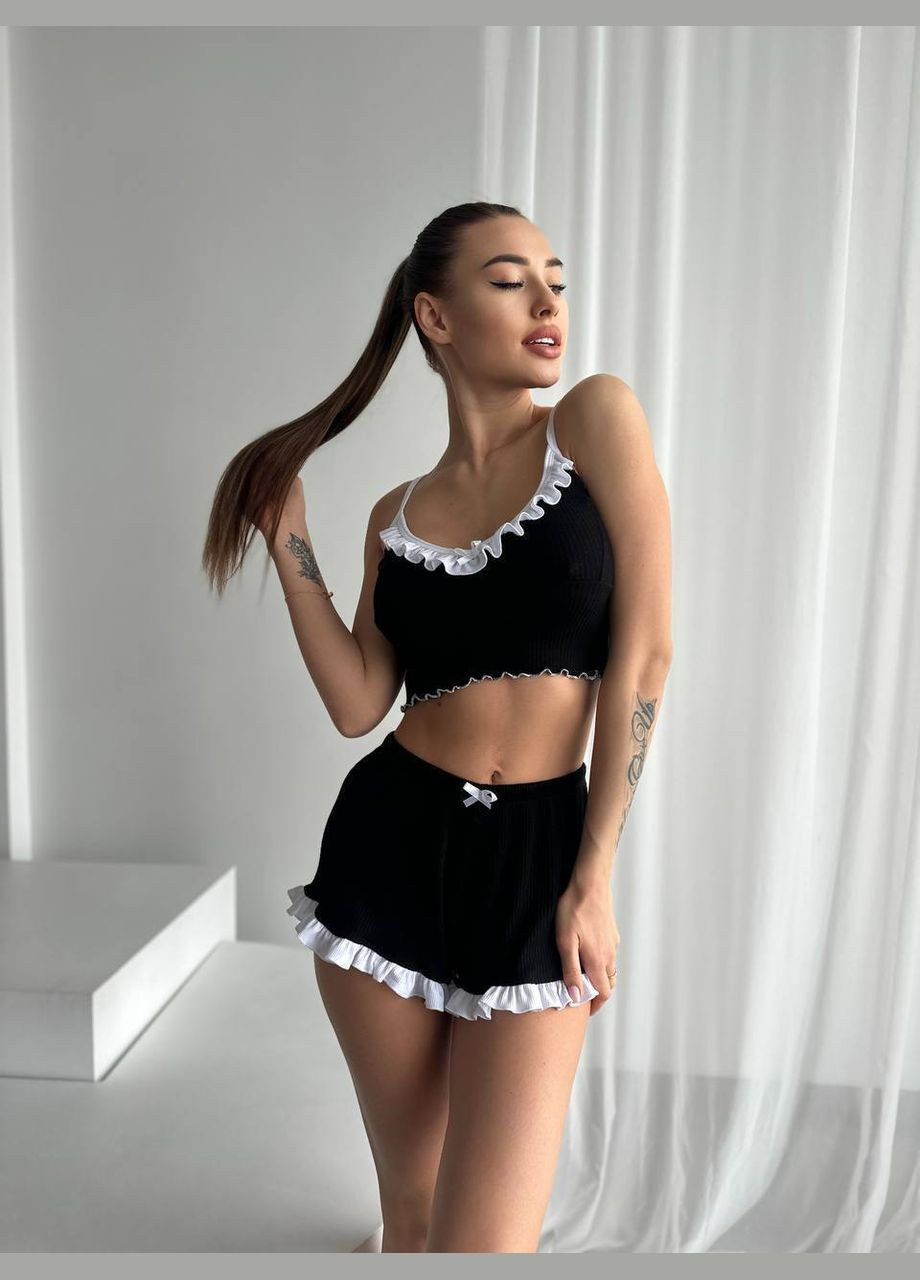 Черная красивая чёрная с белым пижамка (майка+короткие шортики) из качественного эластичного трикотажа, нежная пижама No Brand 644