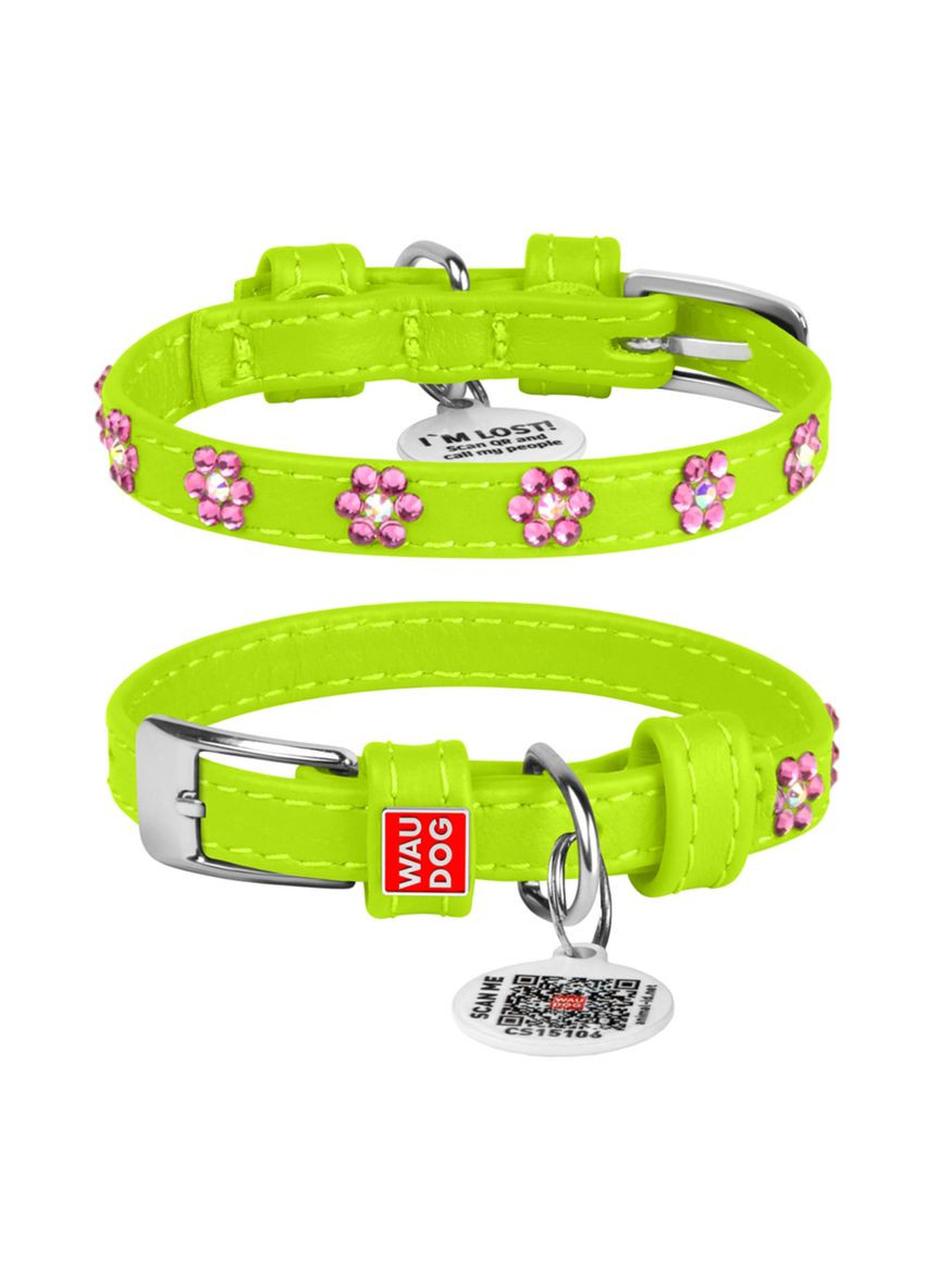 Ошейник для собак кожаный Glamour с QR паспортом, с клеевыми стразами "Цветочек", Ш 9 мм, Дл 19-25 см салатовый WAUDOG (332879978)