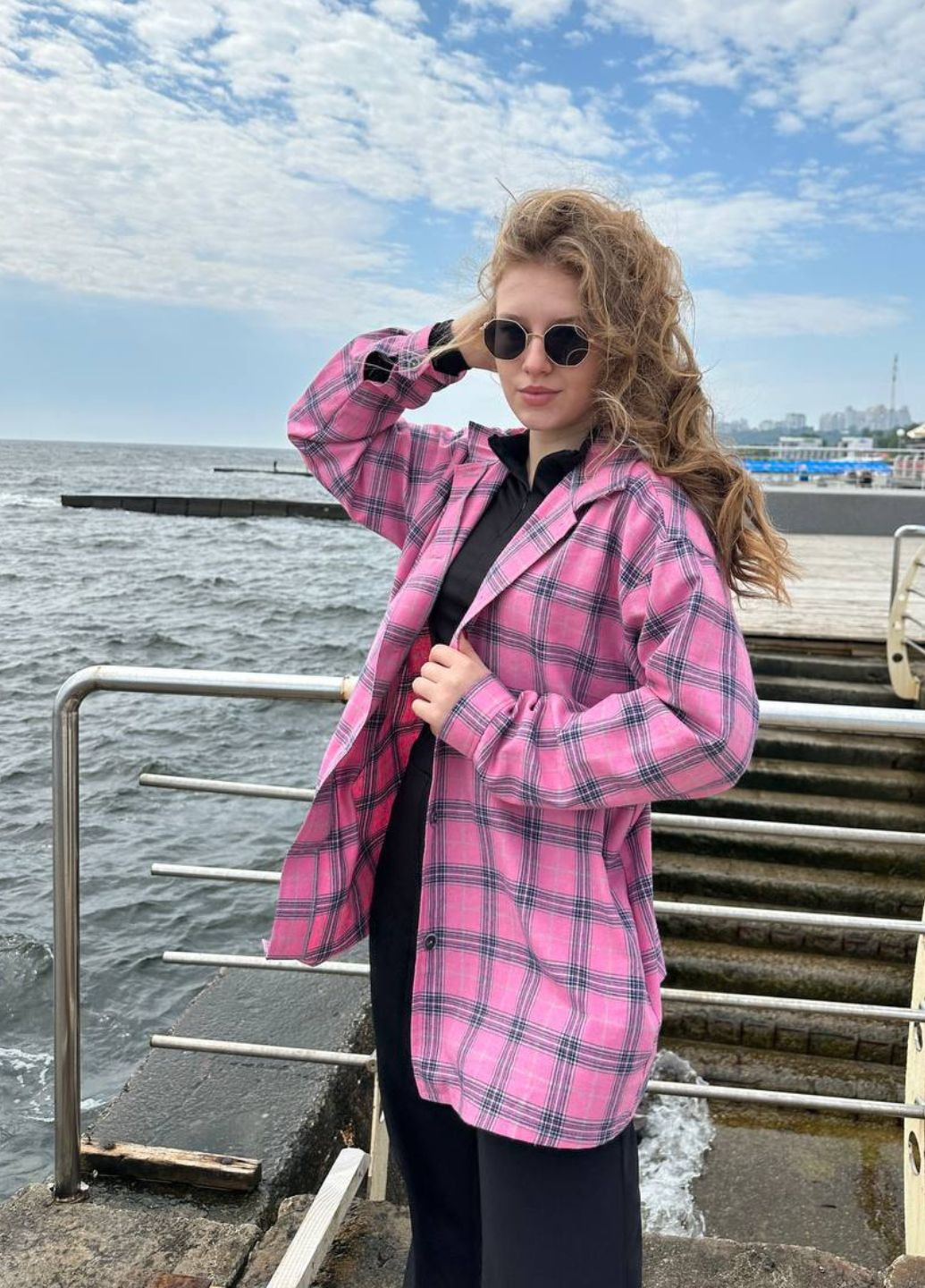 Розовая повседневный рубашка в клетку Україна с длинным рукавом