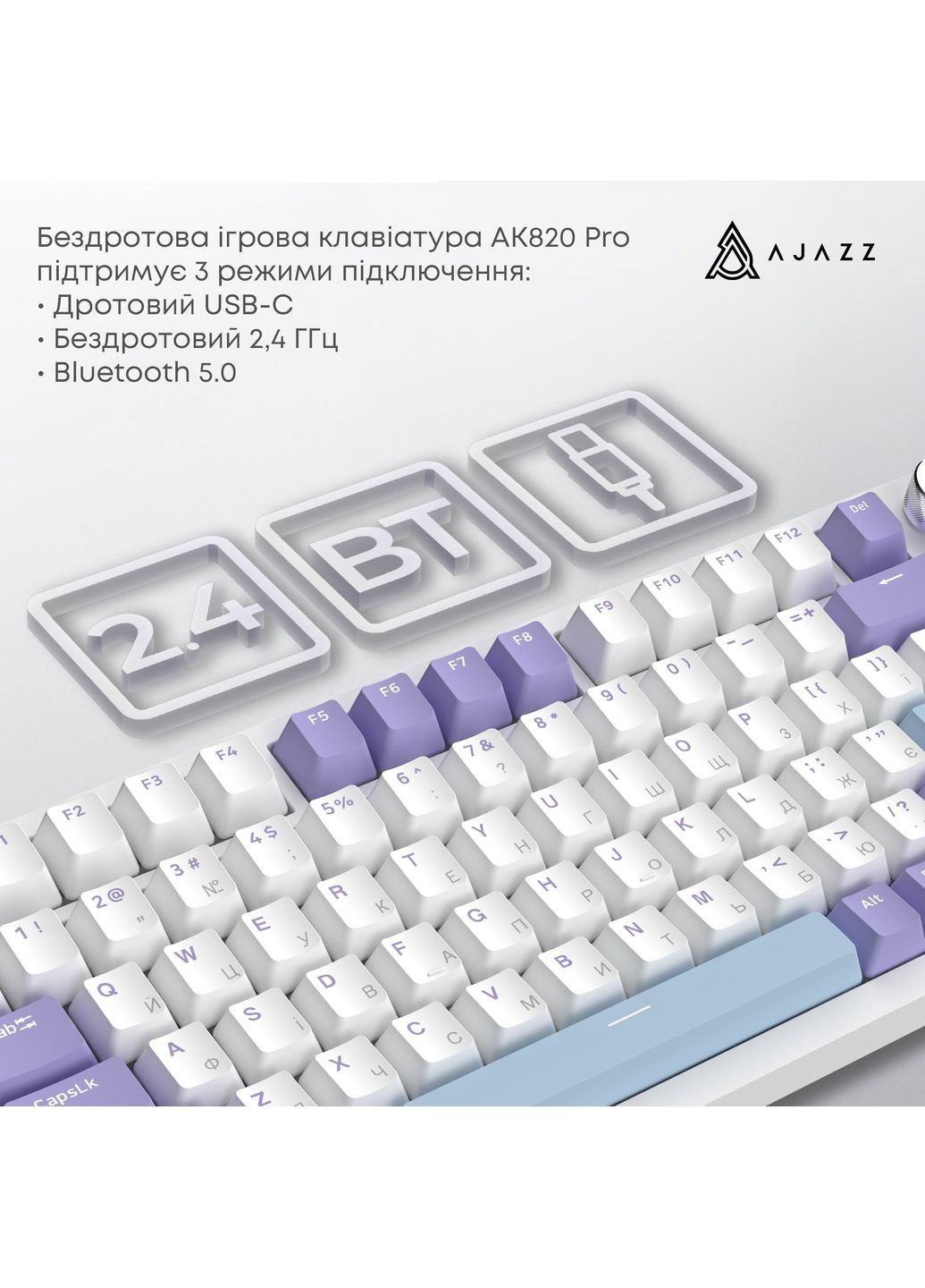 Клавиатура беспроводная AK820 Pro Flying Fish Switch Purple RGB With Screen (AK820PRO-FF-PWB) Ajazz (351559721)