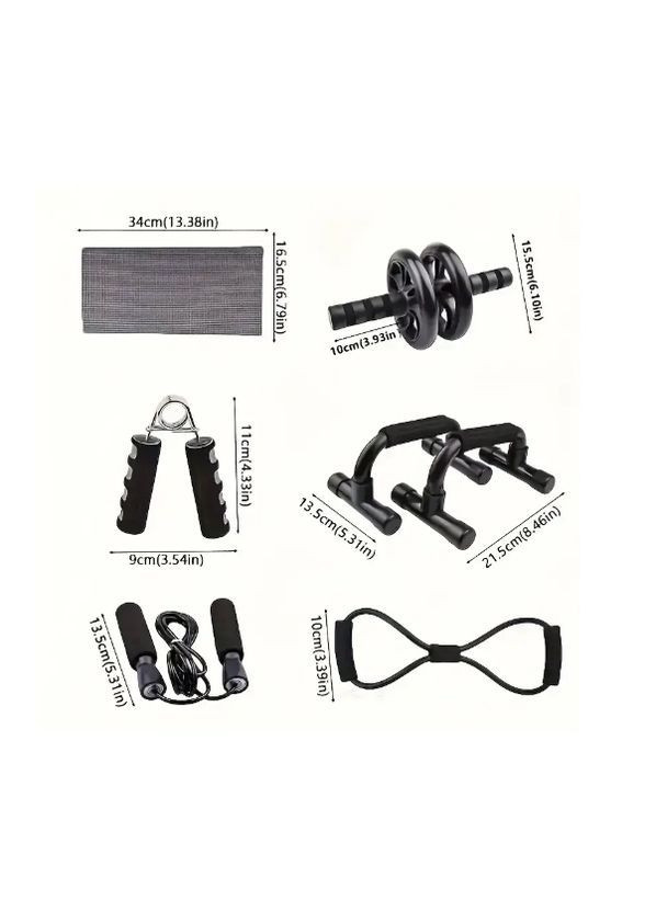 Фітнеснабір 6 в 1 для домашніх тренувань: ролик для преса, еспандери, упори, скакалка та килимок No Brand - (371684599)
