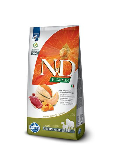 Фарміна сухий корм для собак N&D GRAIN FREE PUMPKIN DUCK & CANTALOUPE ADULT MEDIUM & MAXI з качкою, гарбузом та динею, 12 кг Farmina (333935412)