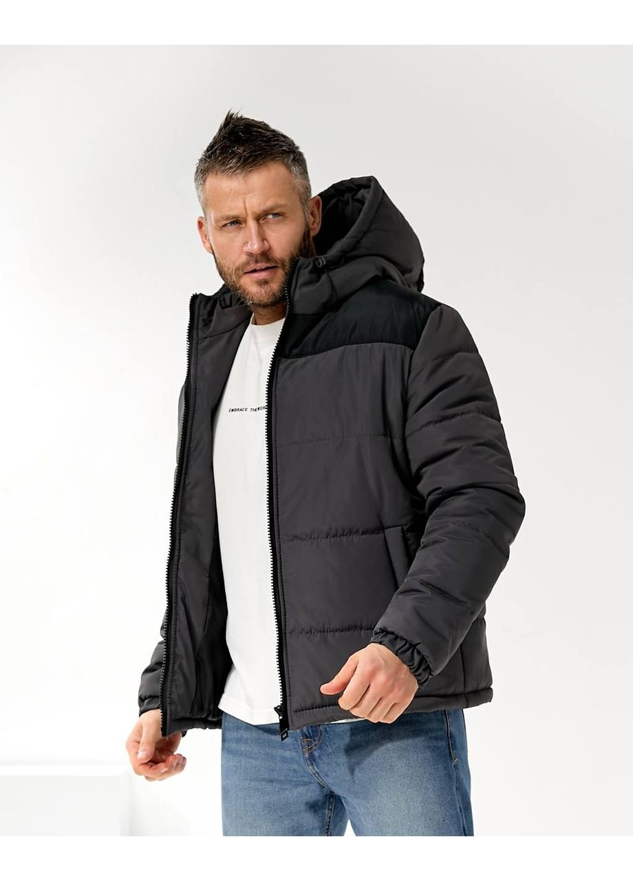 Графитовая мужская зимняя куртка с капюшоном и синтепоном — замеры в описании Vione