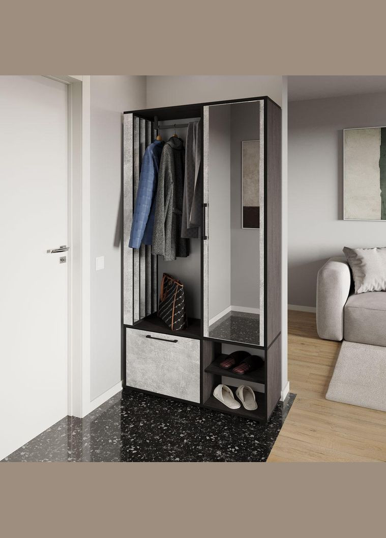 Сучасна прихожа з дзеркалом, дверцятами та штангою для одягу від KO-0003 Венге темний/Бетон MORELI (361034972)