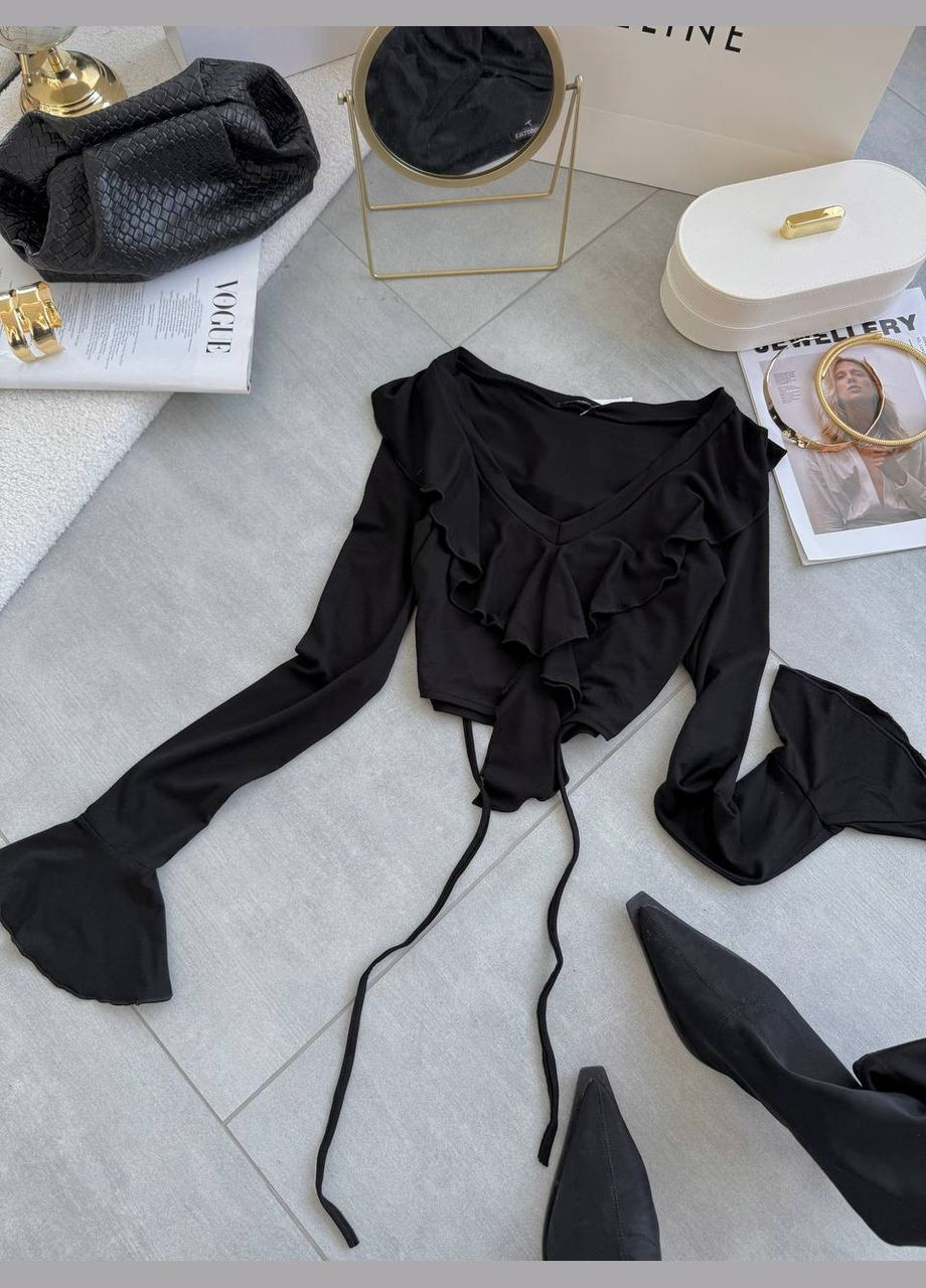 Черный топ с воланами, приятный к телу и легкий, с открытым декольте и длинным рукавом (42-46) No Brand 342-2 (324219899)