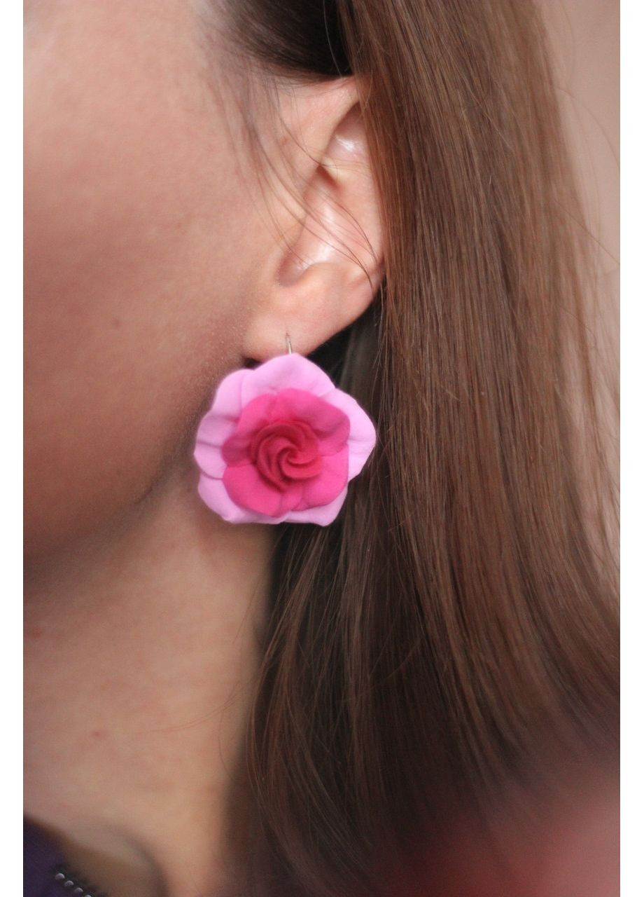 Розовые серьги в цвете с розочками из полимерной глины. Серьги ручной работы Handmade (370665165)
