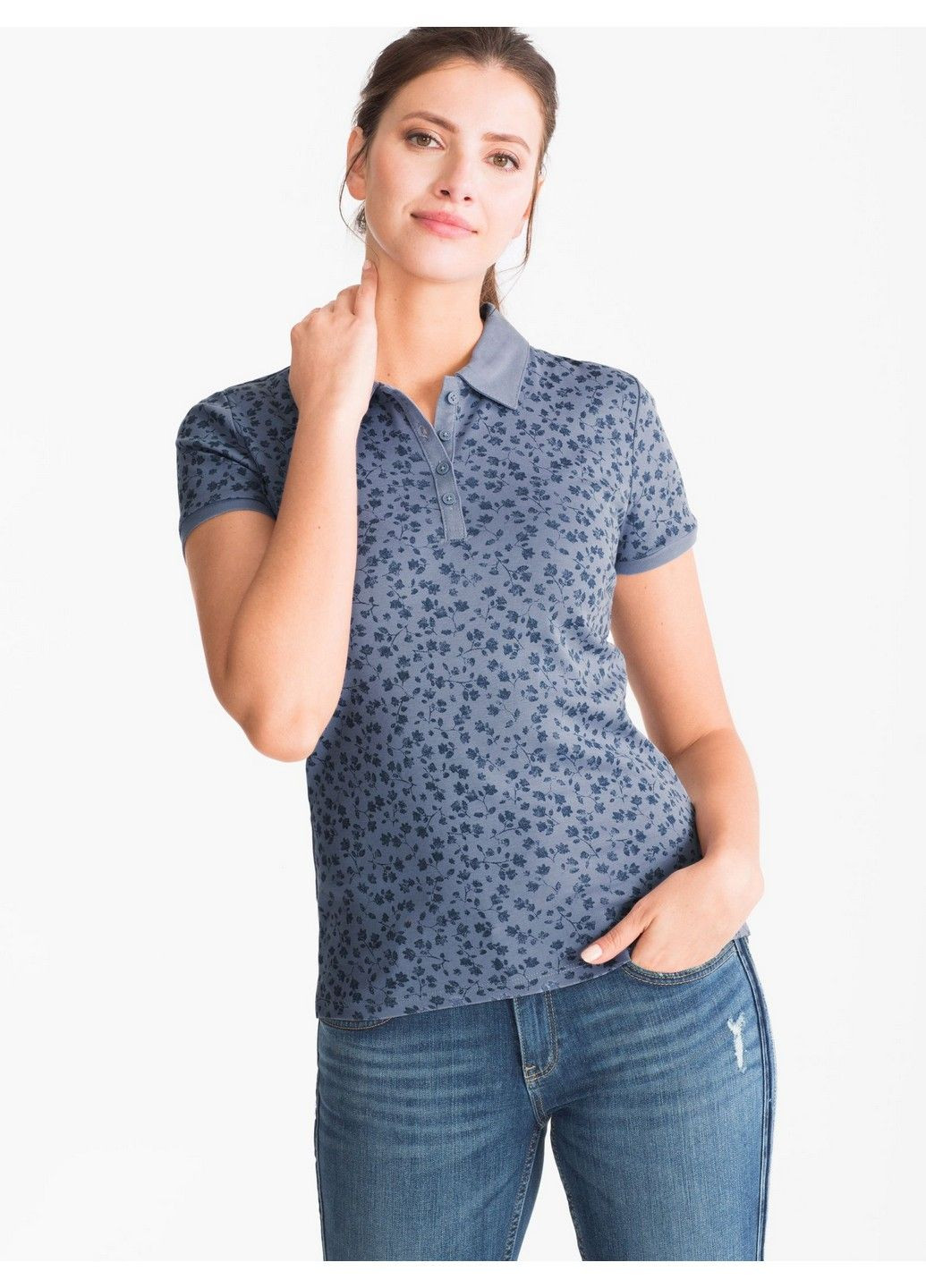 Синяя женская футболка-поло C&A с цветочным принтом