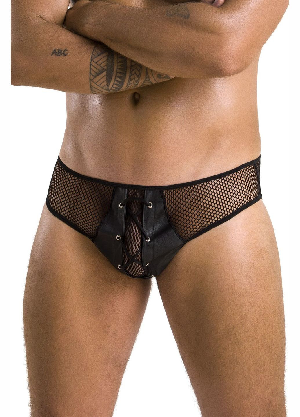 Мужские трусы со шнуровкой Slip Richard, черные, экокожа, сетка Passion (297587181)