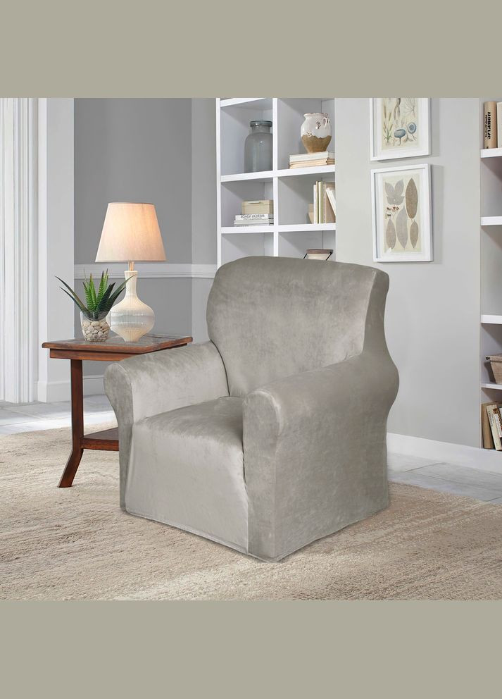 Чохол на крісло універсальний велюровий світло-сірий Love You (276907330)