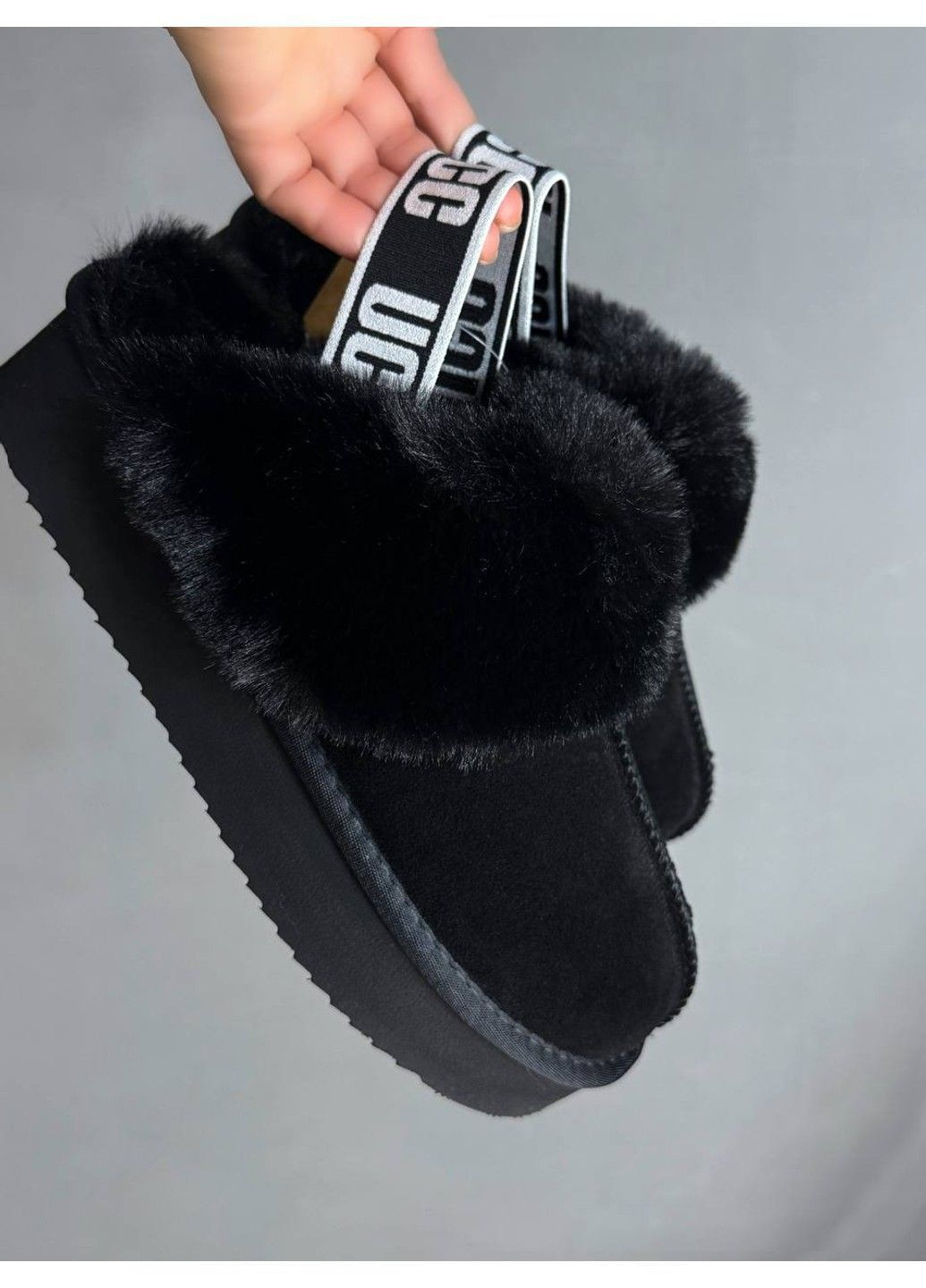 Угги женские 1701-1 тапочки с опушкой и резинкой на платформе черные ITTS (370269476)