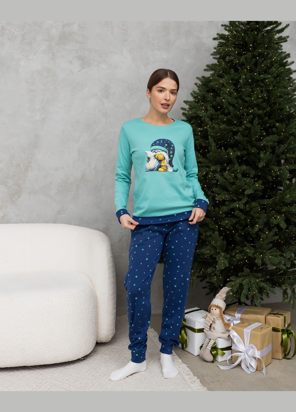 Темно-бирюзовая женская пижама со штанами в горошек Nicoletta