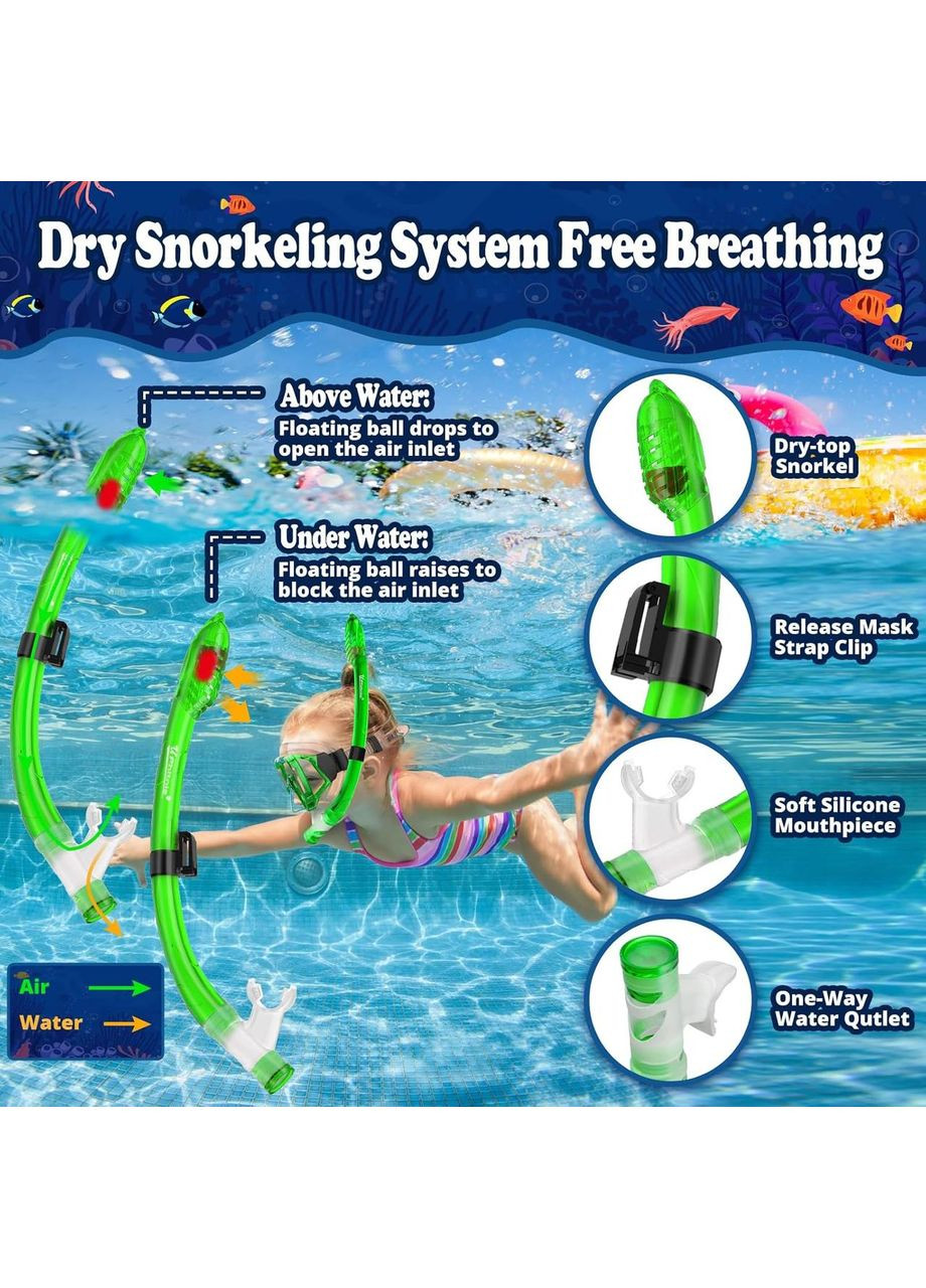 Дитячий набір для снорклінгу з трубкою, маска для підводного плавання, дайвінгу з захистом від запотівання, зелена No Brand (362346343)
