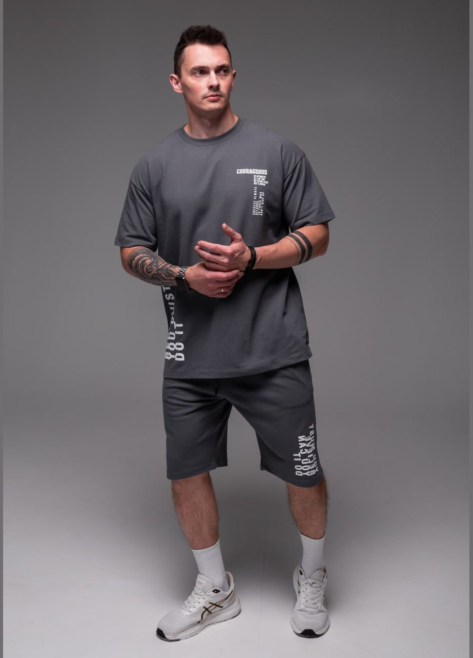 Серый демисезонный мужской oversize костюм oversize прочная дышащая ткань хлопок 100% ( лакоста ) No Brand