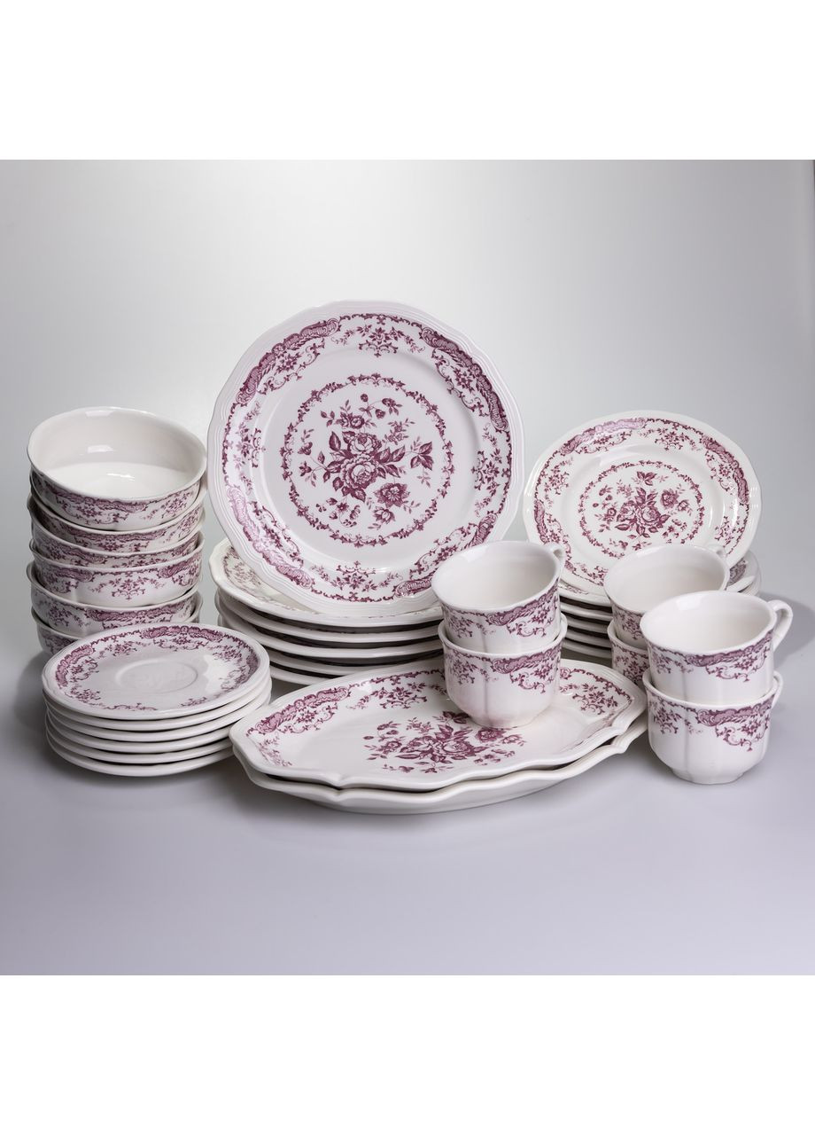 Столовый набор посуды тарелок и чашек 32 предмета на 6 персон "Бордовый Меандр" фарфоровый YY78-3A Yiwu (371162036)