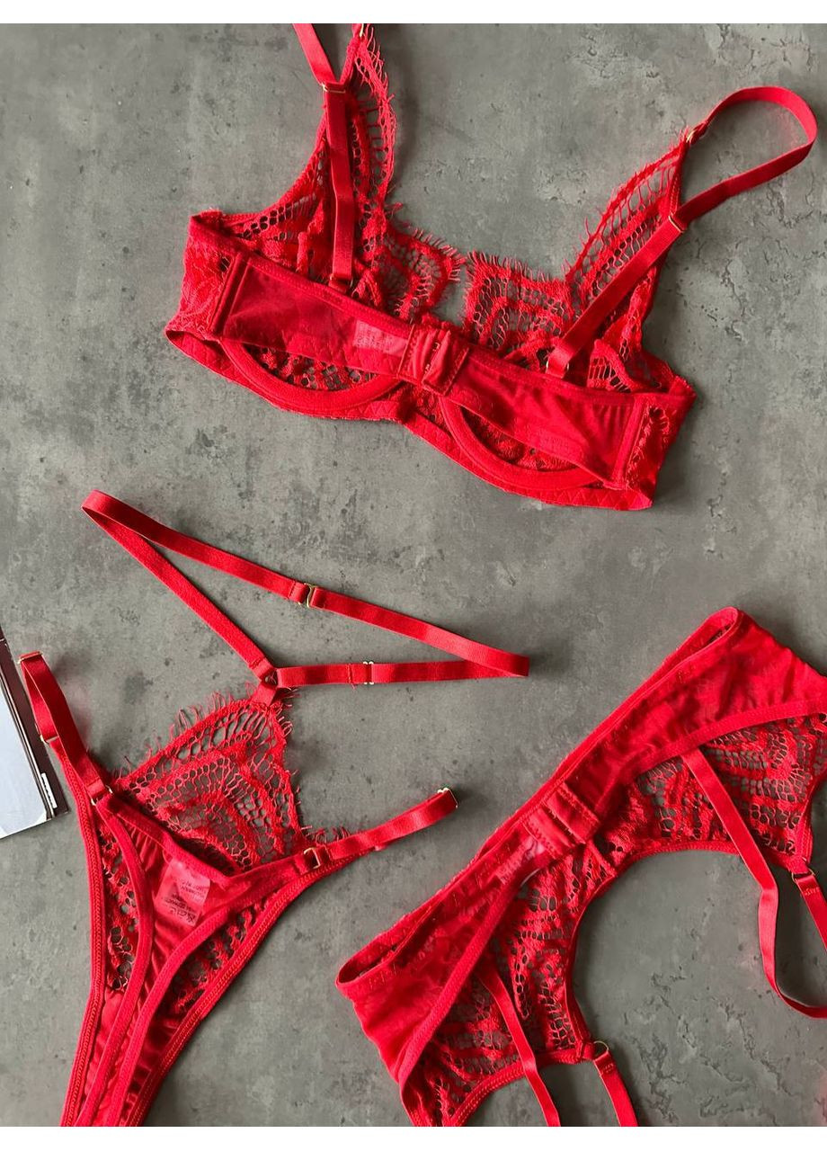 Червоний балконет комплект жіночий білизни | мереживний з поясом для панчіх, червоний Vital-Textile з кісточками поліестер, еластан