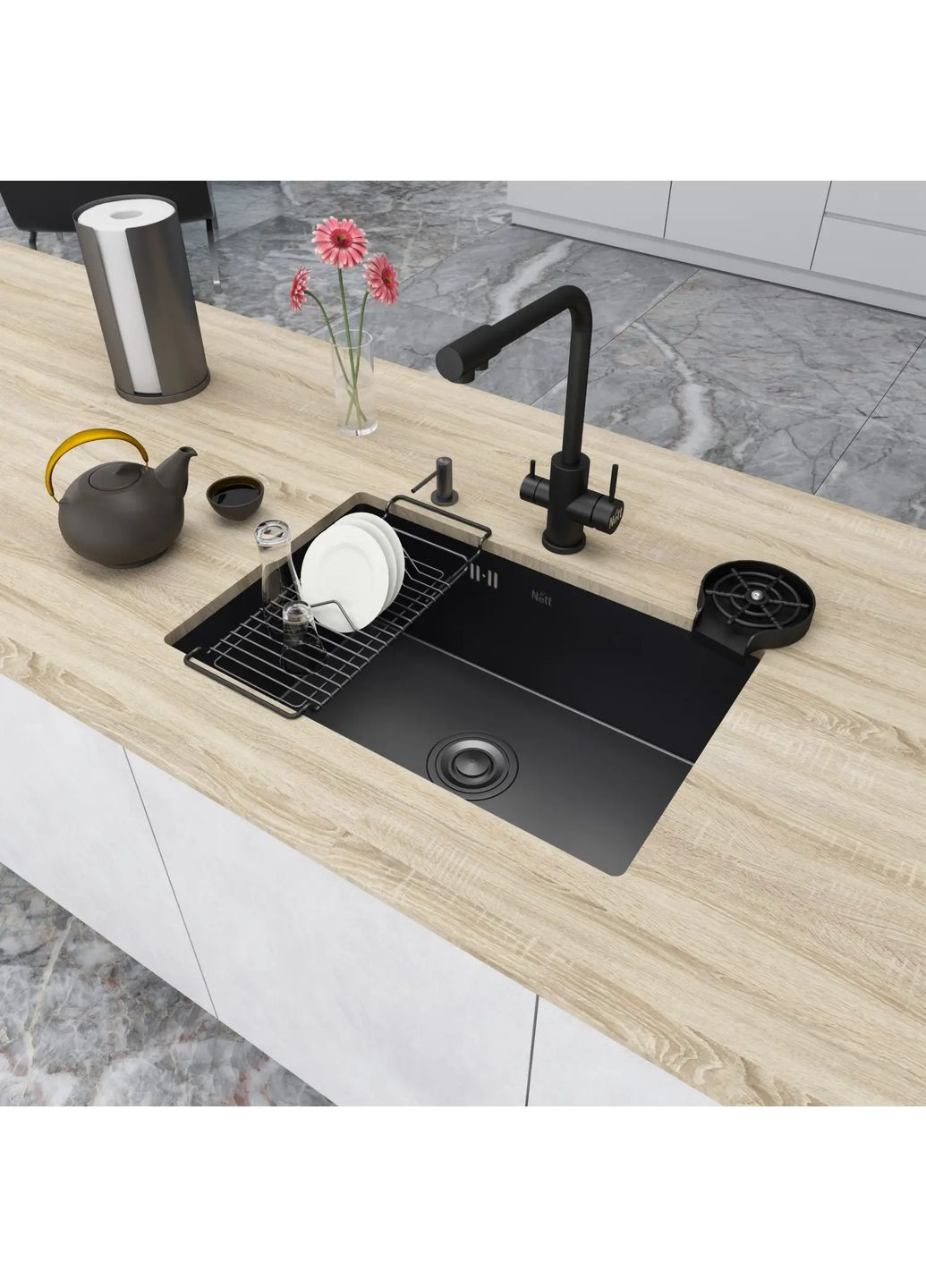Чорна кухонна мийка з нержавійки під стільницю 1.5 мм Nett NB-6845 (352730069)