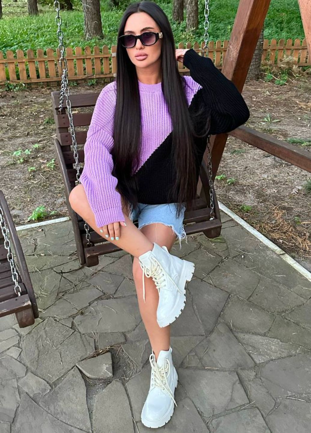 Сиреневый демисезонный комбинированный свитер с круглым воротником Allthings