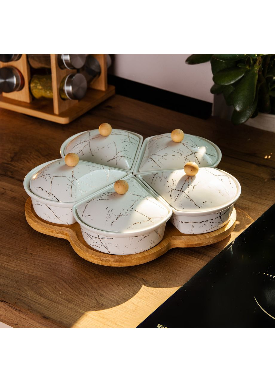 Менажница фарфоровая на вращающейся подставке 5 секций белая для сервировки закусок и соусов. ProDobro (364190215)