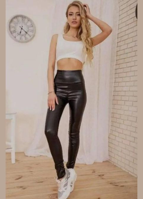 Жіночі лосини на хутрі з еко шкіри теплі з високою посадкою з кишенями Чорний No Brand (315403176)