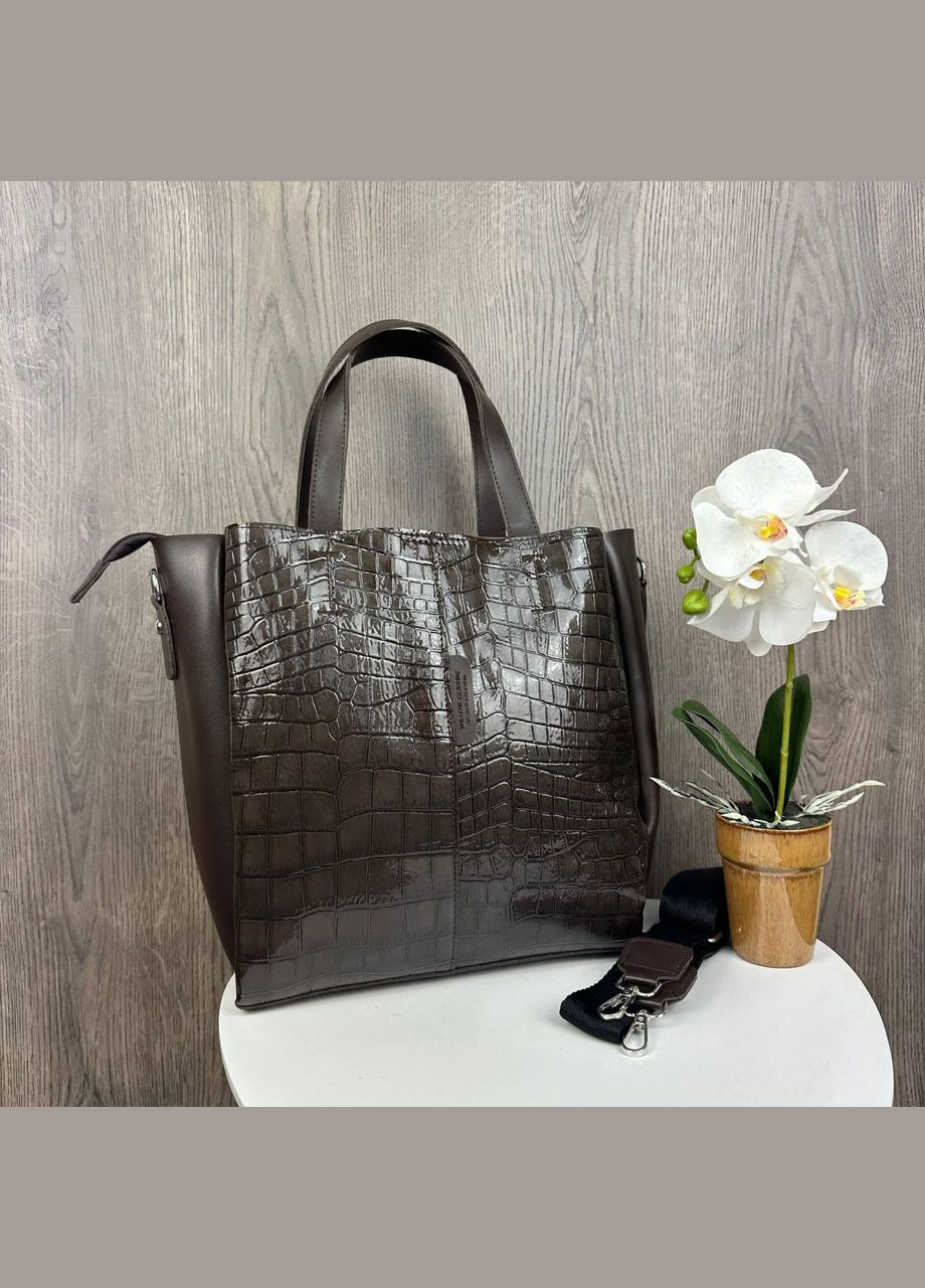 Женская большая сумка в стиле кожа рептилии коричневая Eton (322284075)