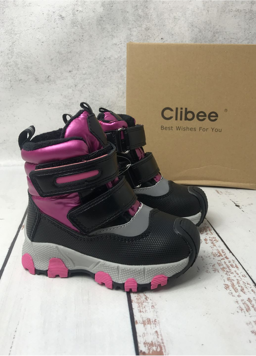 Цветные повседневные зимние ботинки дутики детские на девочку черно-розовый (1018) Clibee