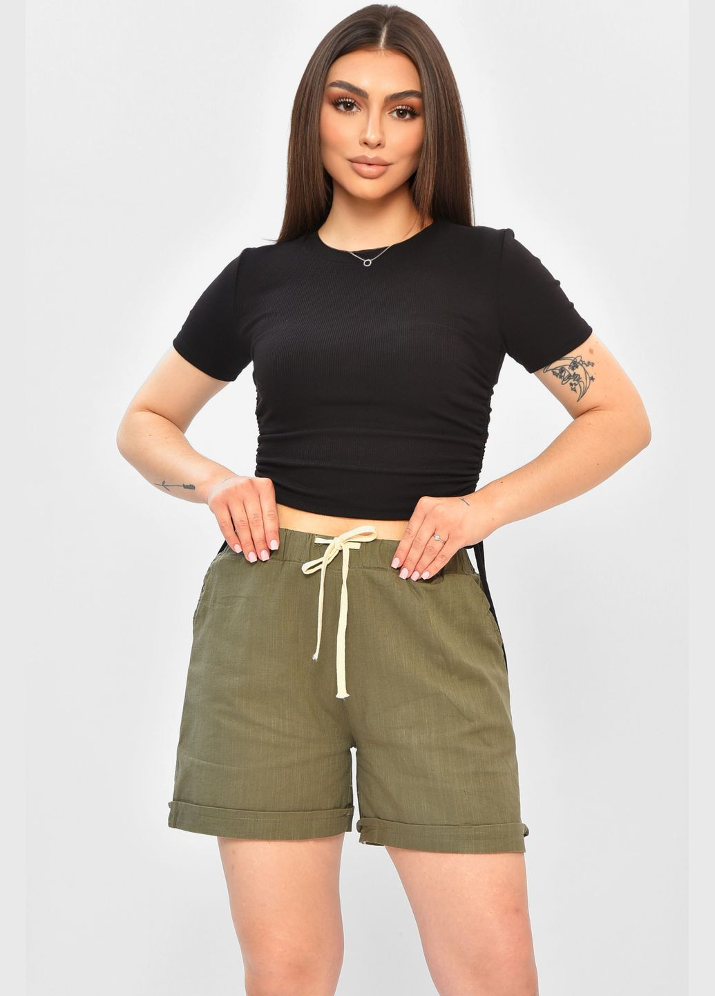 Шорти жіночі однотонні кольору хакі Let's Shop (337467613)