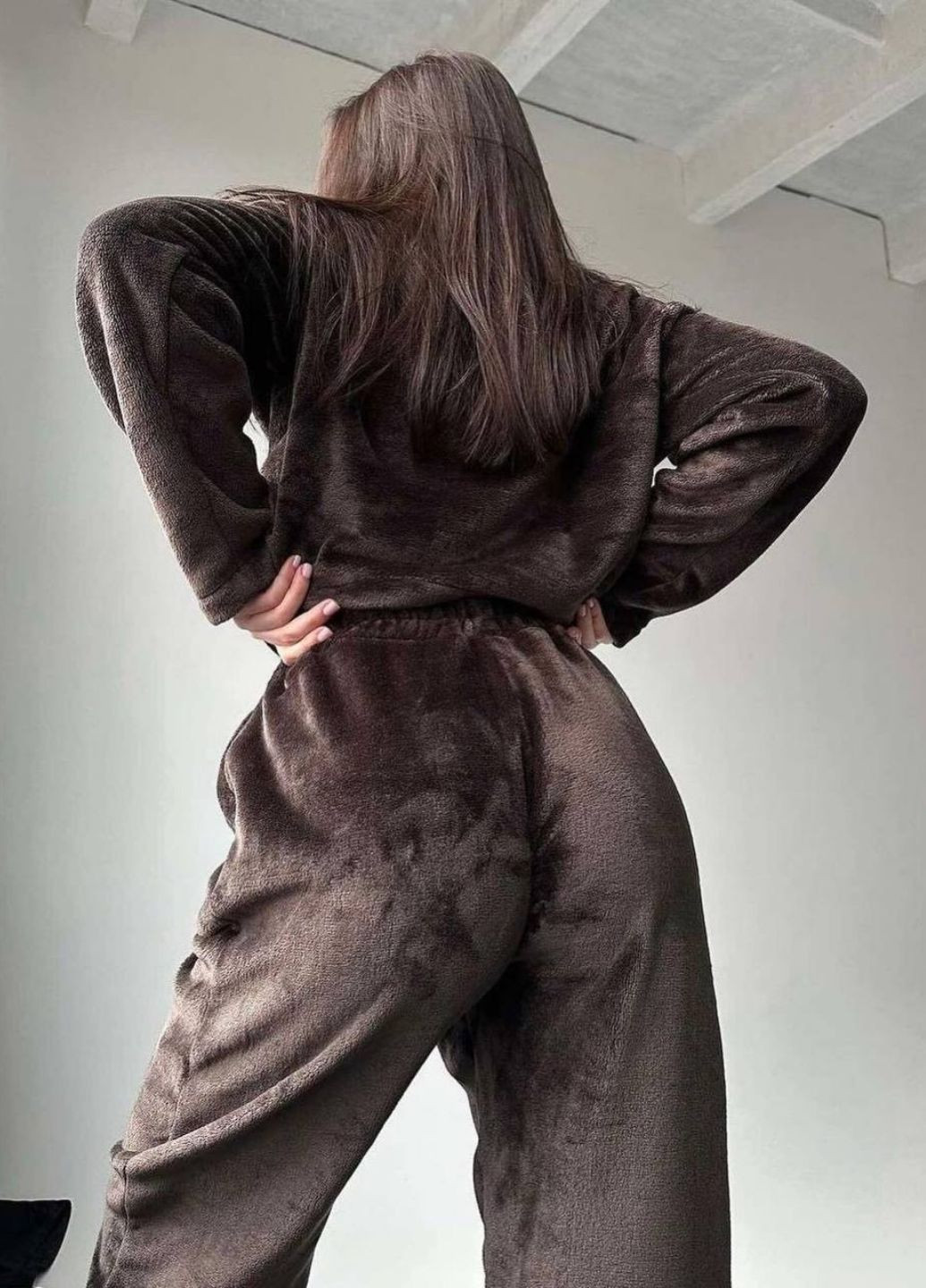 Коричнева всесезон жіноча тепла плюшева піжама кофта + брюки Tik-Tak
