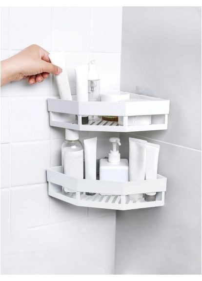 Полиця кутова пластикова біла для ванної та душа стелаж для зберігання туалетного приладдя ProDobro (365442735)