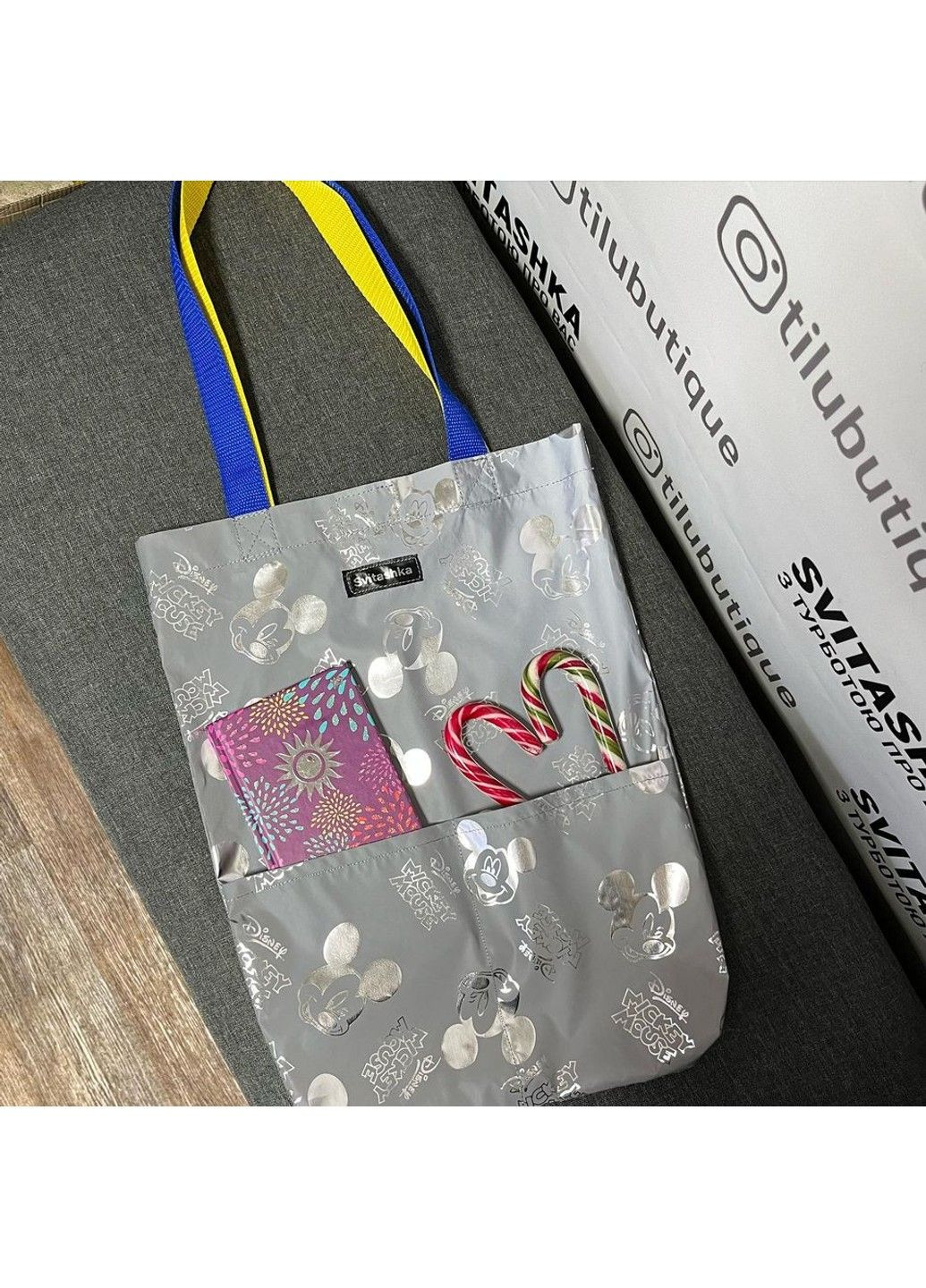 Світловідбиваюча сумка шоппер Svitashka Міккі з кишенями жовто сині ручки на магнітній кнопці No Brand (306743992)