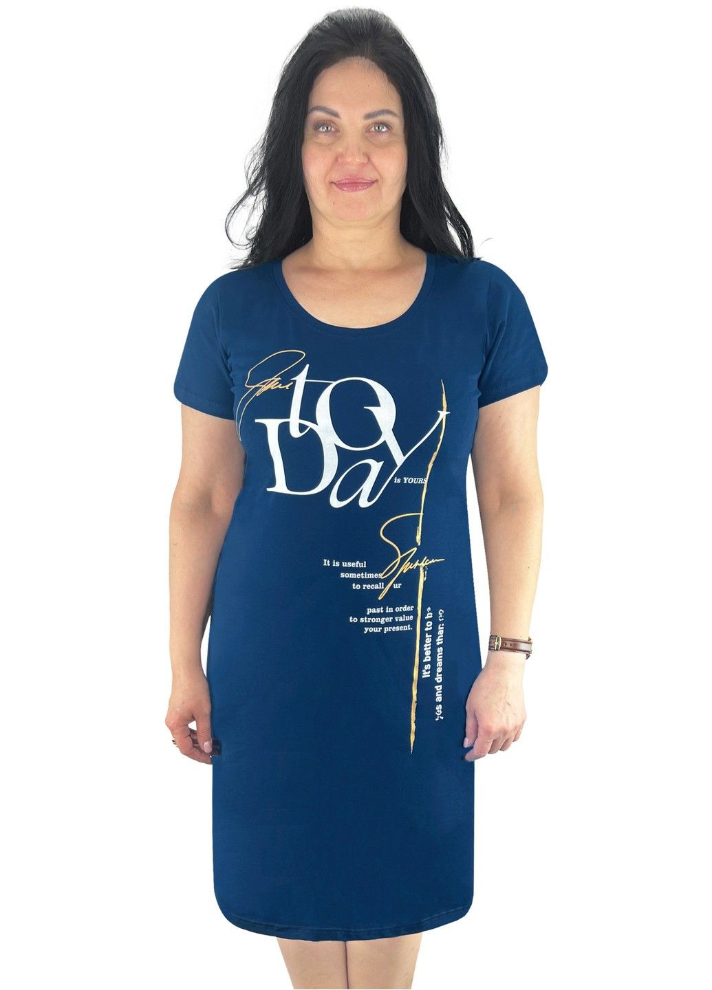 Синее деловое, домашнее, повседневный платье женское с накатом фуликра Жемчужина стилей с надписью