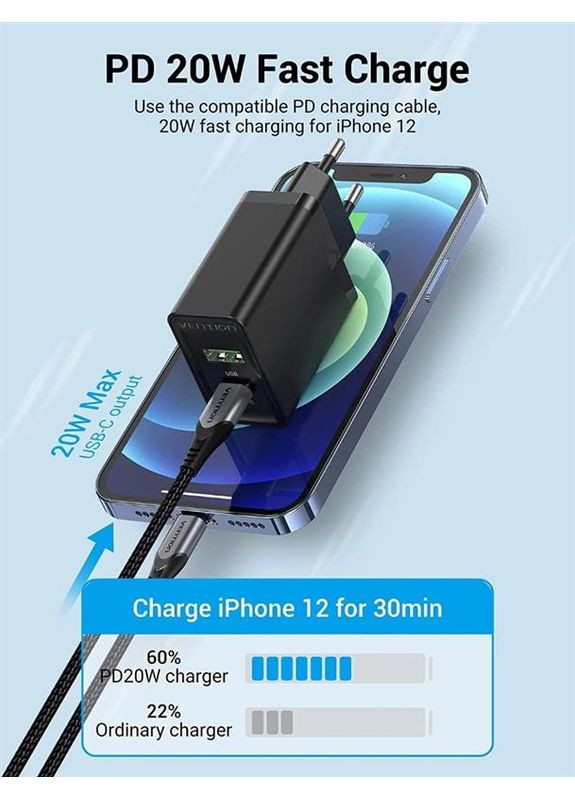 Сетевое зарядное устройство для USB Type C + QC4.0 (18-20W) Black (FBBB0-EU) Vention (370617074)