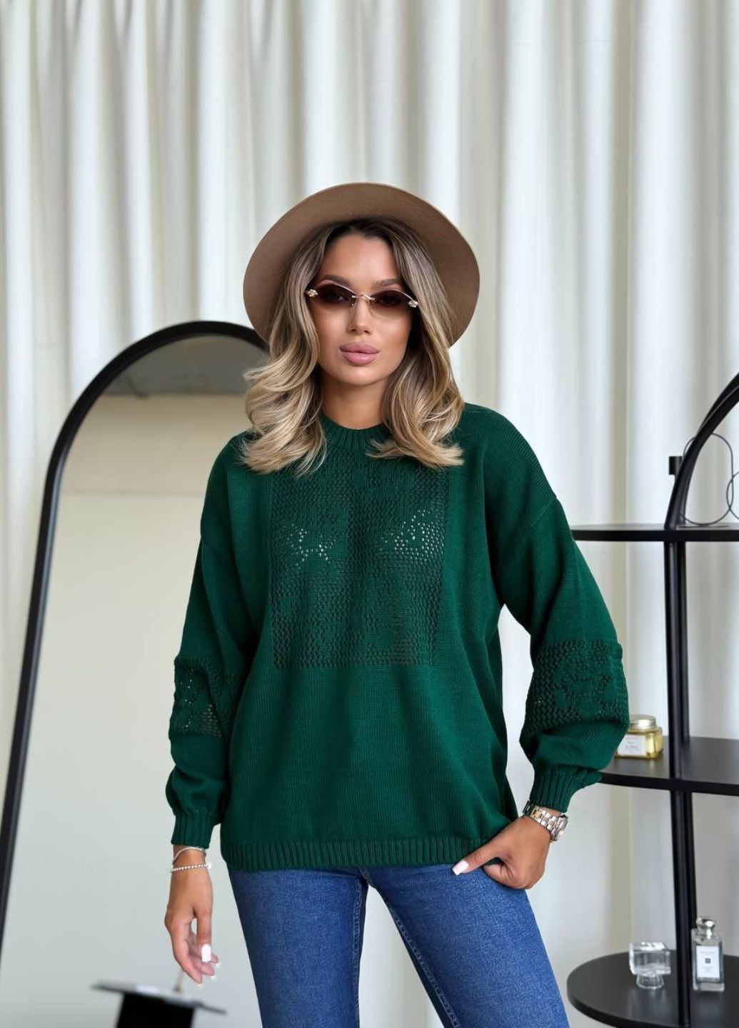 Изумрудный демисезонный свитер с цветочным узором пуловер Allthings