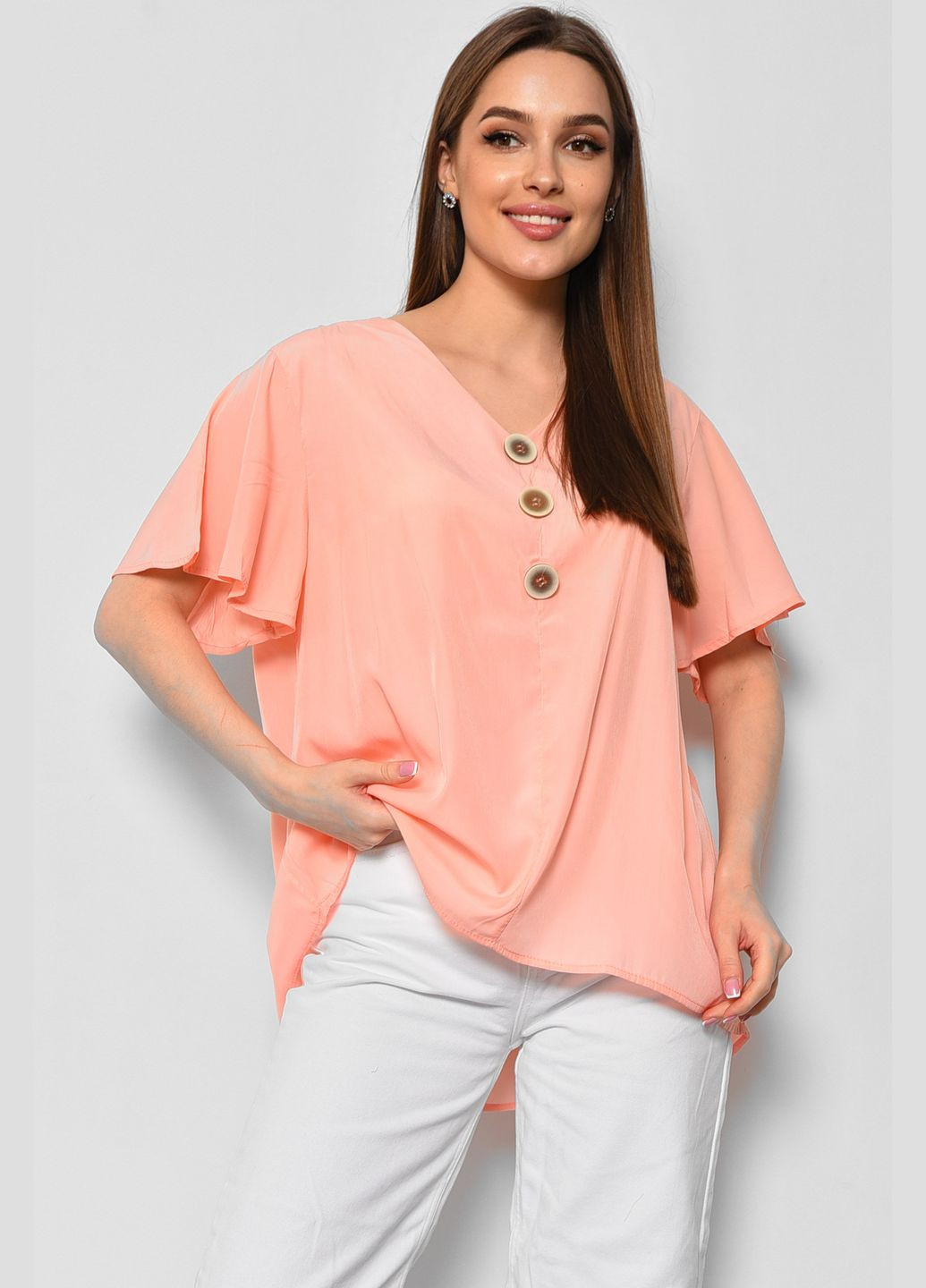 Персиковая демисезонная блуза женская полубатальная с коротким рукавом персикового цвета с баской Let's Shop
