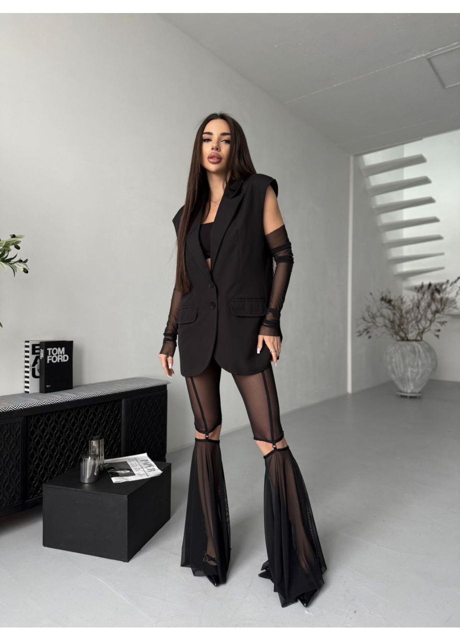 Черные демисезонные женские леггинсы - клеш + рукава из сетки Avanti