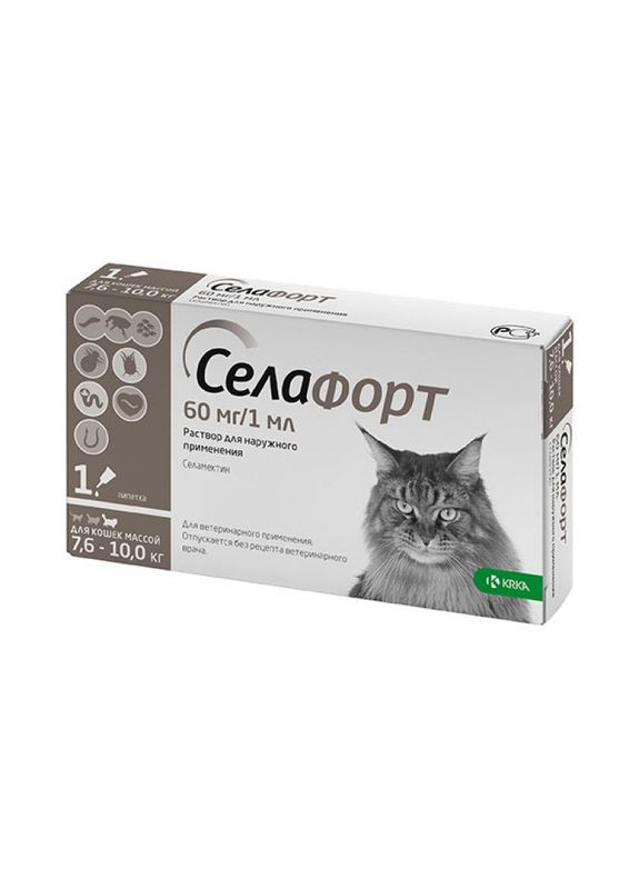 Капли на холке для кошек СЕЛАФОРТ 7.610 кг упаковка 1 пипетка x1 мл (3838989736934) KRKA (279569061)