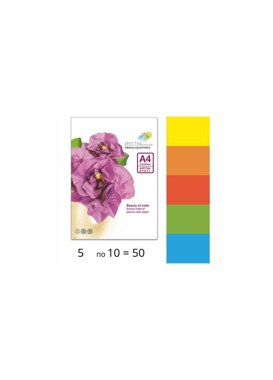 Набір цупкого кольорового паперу А4 з 5 інтенсивних кольорів 160 г/м2 50 аркушів, Spectra Color (281999651)