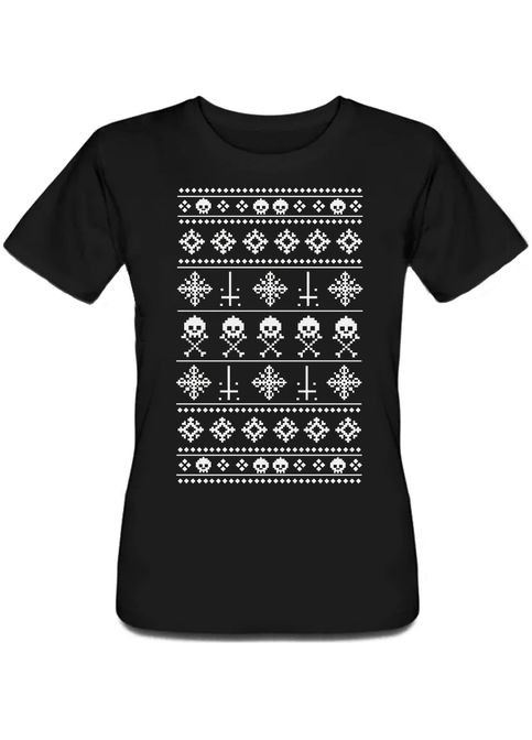 Чорна літня жіноча новорічна футболка anti-christmas pattern (чорна) Fat Cat