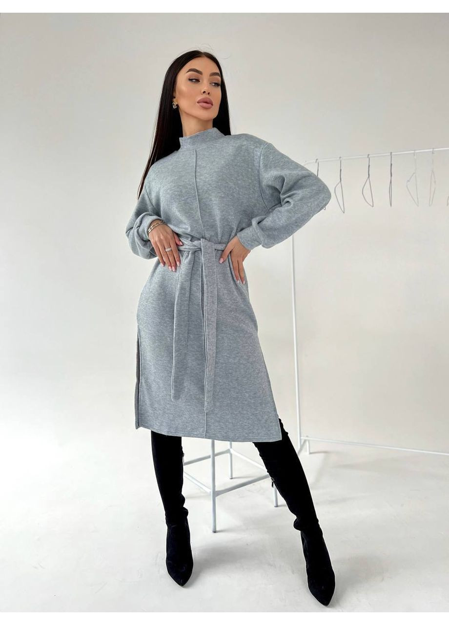 Серое ангоровое платье миди с поясом Fashion