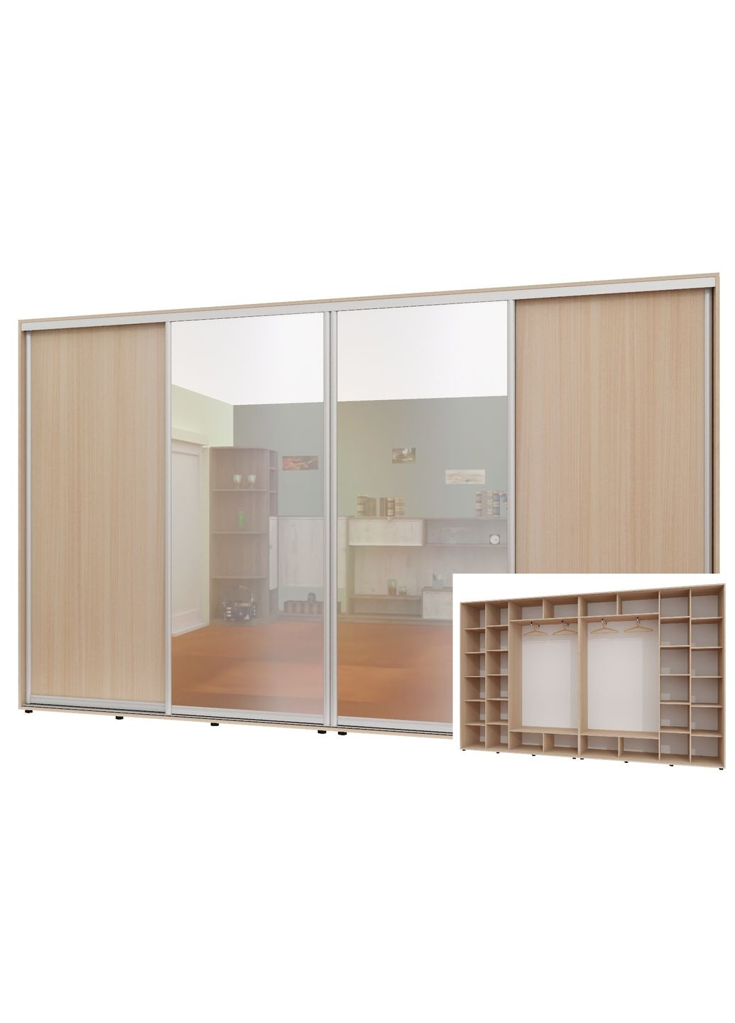 Шкаф-купе четырехдверный 410*45*230 см Дуб молочный 4 двери ДСП + Зеркало + Зеркало + ДСП ШК-02 Алекса (360477954)