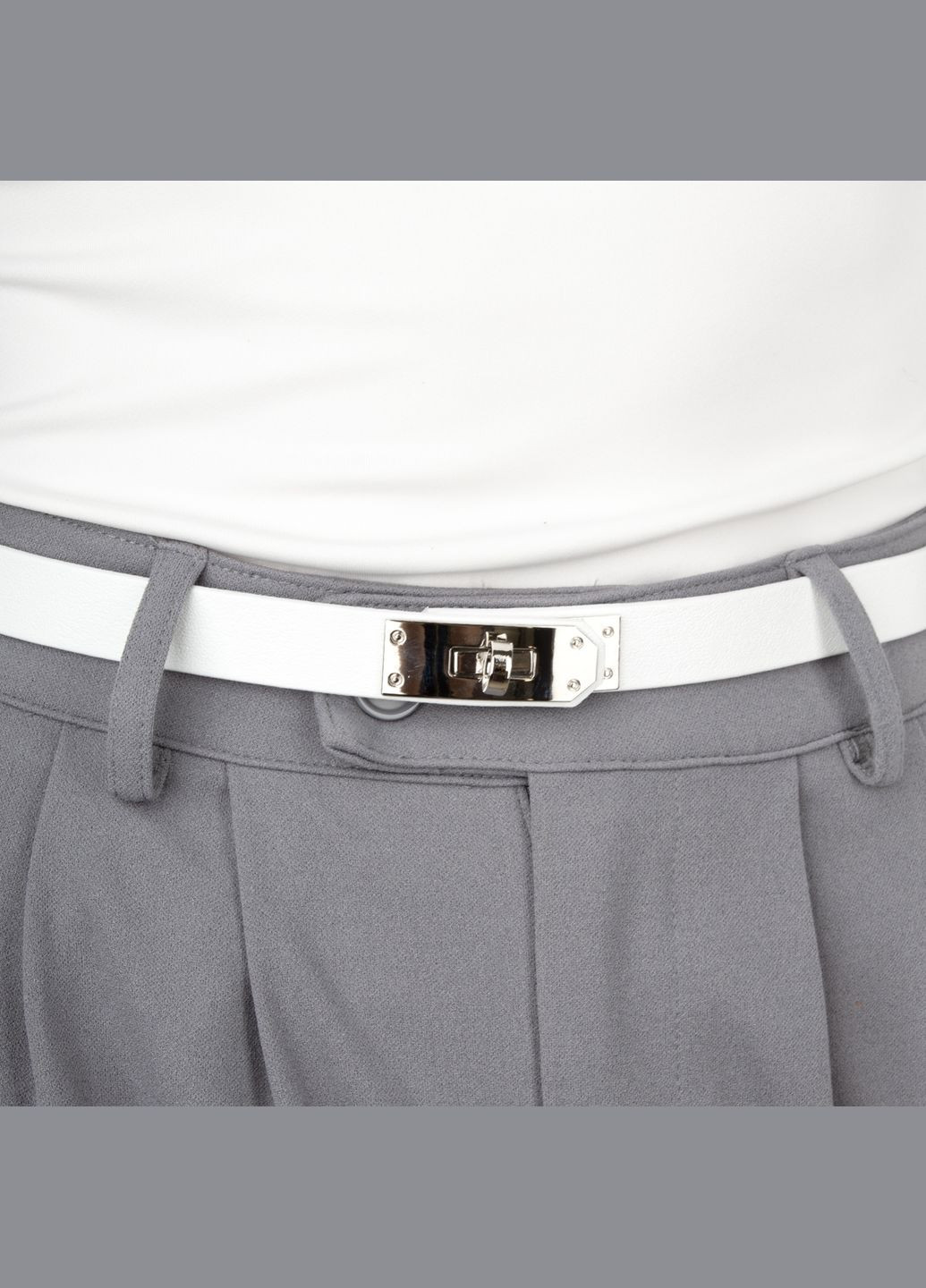 Ремінь жіночий вузький білий шкіряний -2031 зі срібною пряжкою (110 см) JK (330574302)