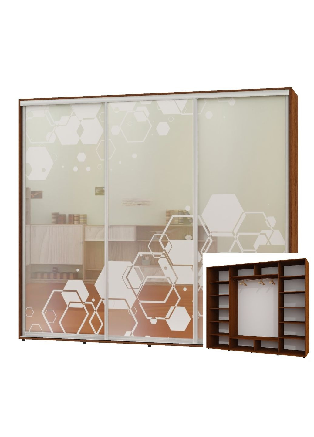 Шкаф-купе трехдверный 260*60*240 Орех лесной Зеркало с пескоструйным рисунком ШК-05 Алекса (360432570)