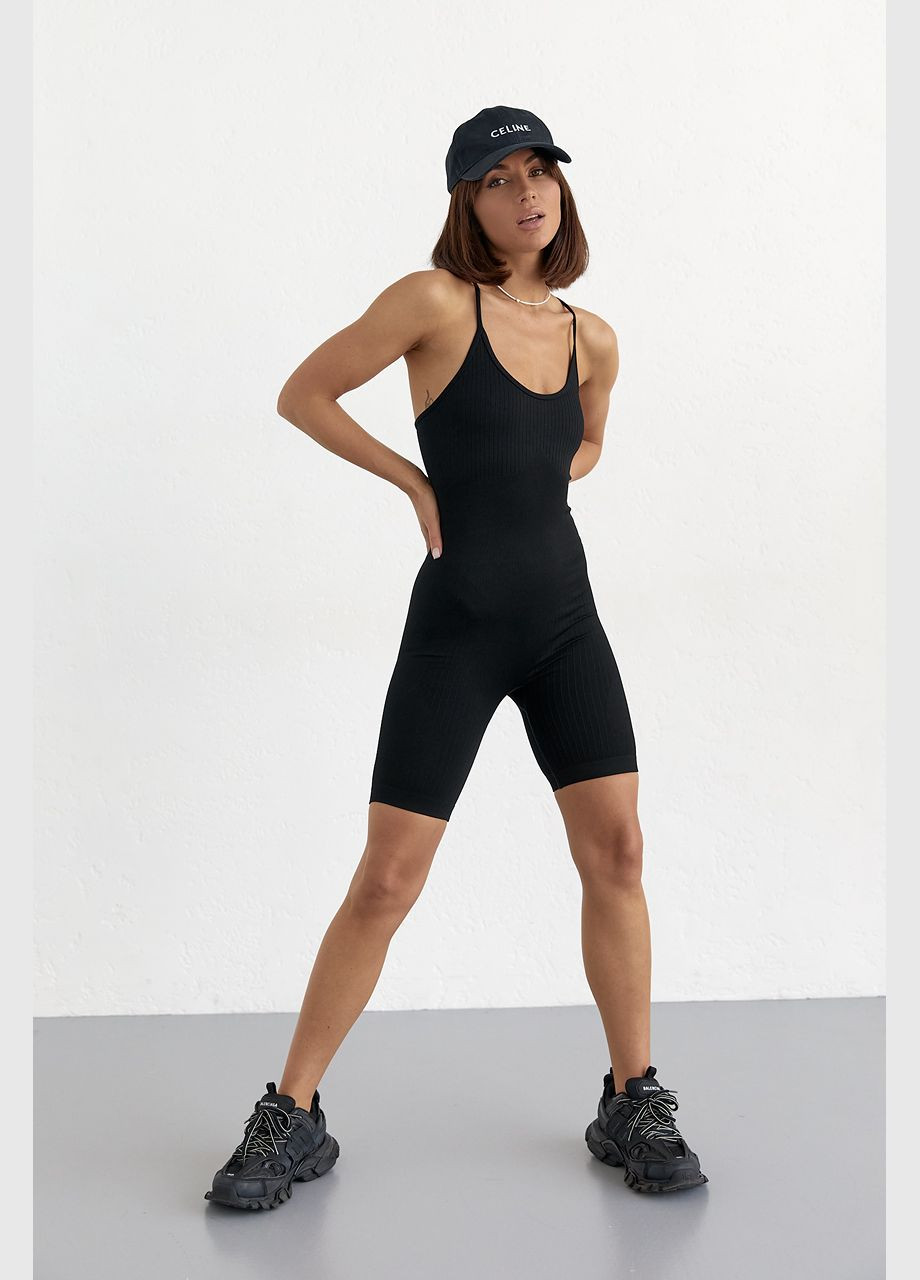 Женский спортивный комбинезон на бретелях Liton комбинезон-шорты однотонный чёрный спортивный полиамид, эластан