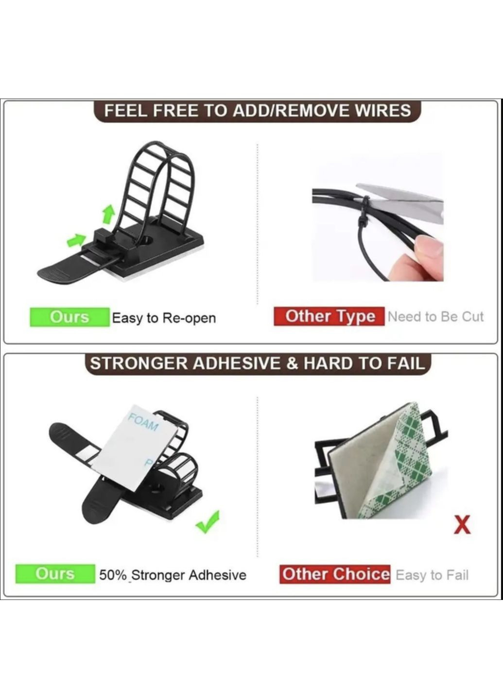 Хомут органайзер Фіксатор кабелю тримач для проволоки стяжка самоклеюча 3М стяжка 50 шт XL Чорний OlaN (358934982)